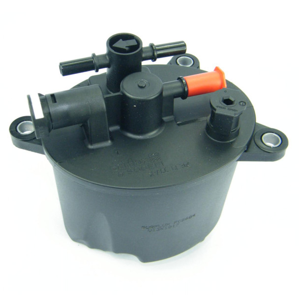 Coopers Fuel Filter 2.2 TD4 Diesel for Freelander 2, image of a black fuel filter with multiple connection points and safety components. Coopers Fuel Filter 2.2 TD4 Diesel for Freelander 2, image of a black fuel filter with multiple connection points and safety components.