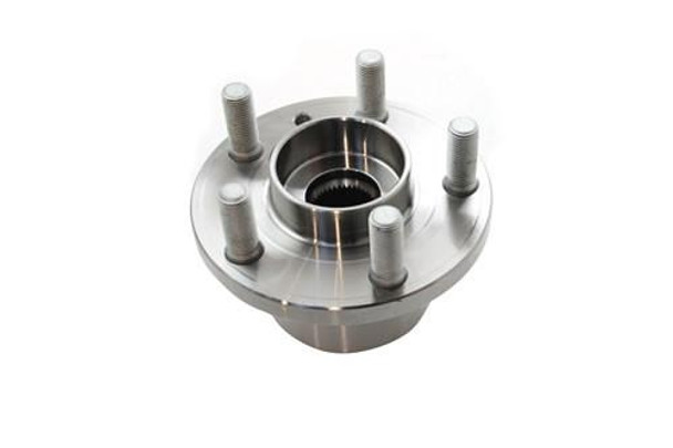 Direct Replacement Front Hub Assembly for Freelander 2, close-up view of the vehicle's wheel hub assembly with five wheel studs on a white background.