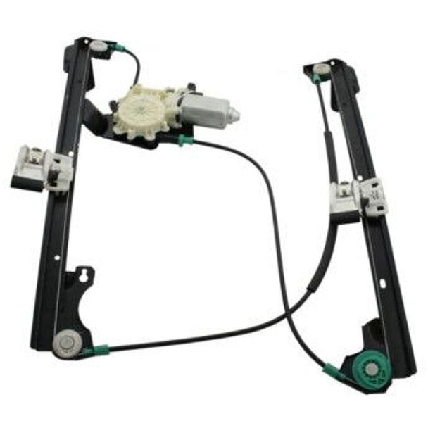 Direct Replacement Window Regulator Front Right With Motor for Freelander 1, vehicle window regulator with attached motor and mounting frame for car window replacement.