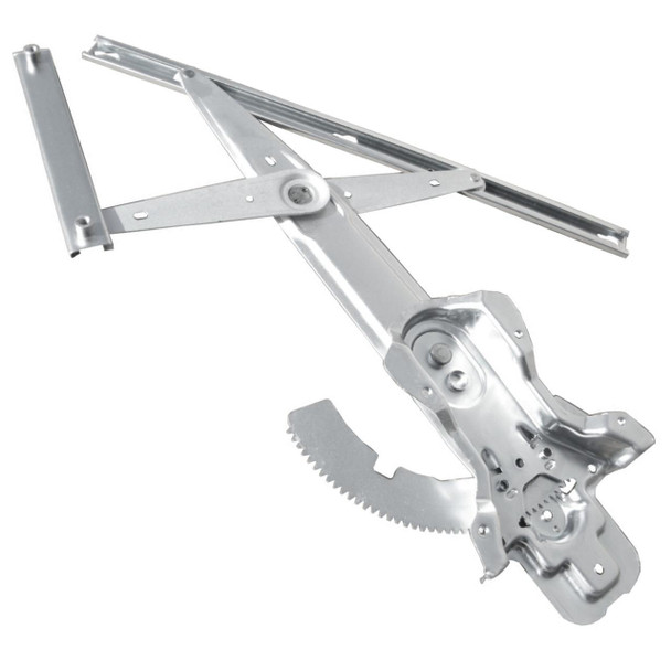 Direct Replacement Window Regulator Front Right for Discovery 1, metallic silver window regulator mechanism with gears and arms for vehicle window operation. Direct Replacement Window Regulator Front Right for Discovery 1, metallic silver window regulator mechanism with gears and arms for vehicle window operation.