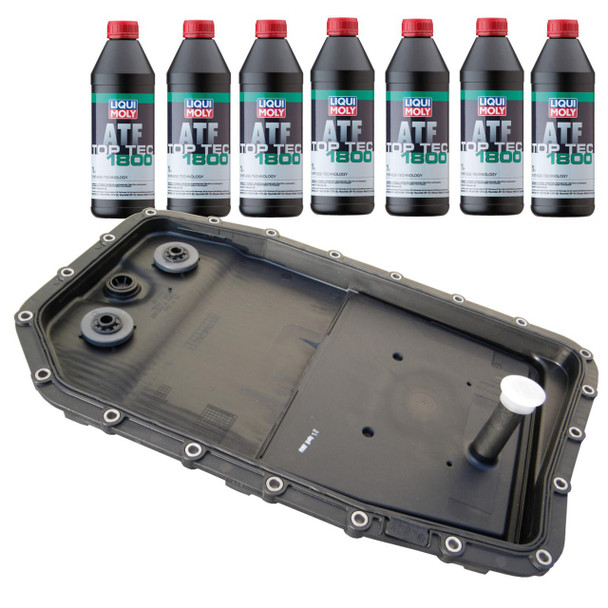 Liqui Moly ZF 6HP26 Auto Gearbox Sump Filter With ATF Fluid Kit for Discovery 3 & 4, containing a black gearbox sump with bolt holes and two filter components, and six bottles of Liqui Moly ATF Top Tec 1800 automatic transmission fluid