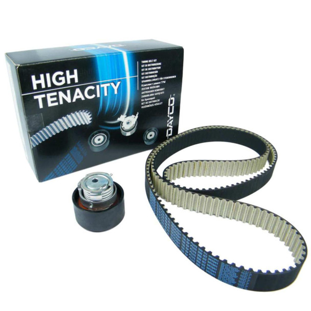 Dayco Front Timing Belt Kit With Tensioner, black and yellow timing belt with metal teeth, tensioner pulley, and packaging box for Range Rover Sport TDV6.