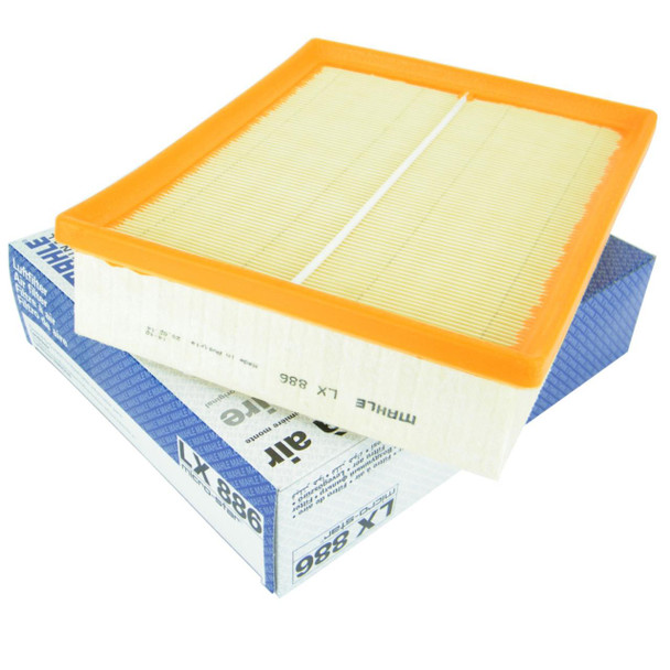 Mahle Air Filter OEM for Defender Td5 & Discovery 2, replacement air filter with orange frame and pleated paper element on top of blue and white packaging box.