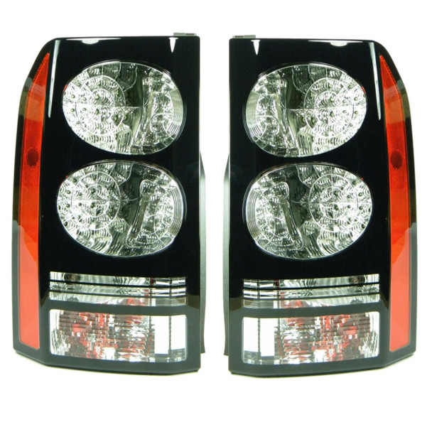 VALEO BLACK Rear LED Tail Lights Pair for Discovery 4, black rear tail lights with multiple LED sections and red reflectors for vehicle safety and visibility.