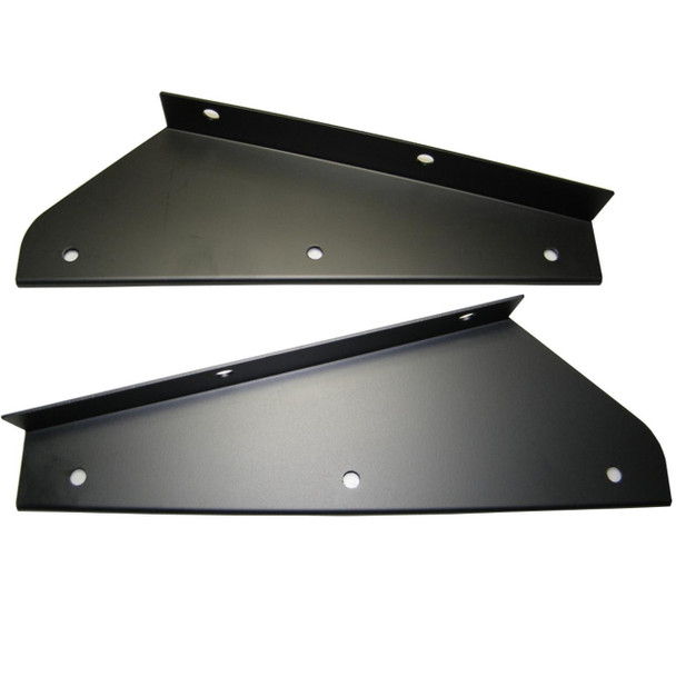 Direct Replacement Front Mud Flap Brackets for Defender, black metal brackets with pre-drilled holes for mounting.