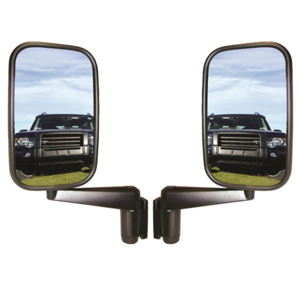 Direct Replacement Door Wing Mirrors with Arms (Pair) - MTC5217 for Defender 90/110/130, side view of two black wing mirrors showing reflective surfaces reflecting a Land Rover Defender vehicle on grassy terrain under a blue sky.