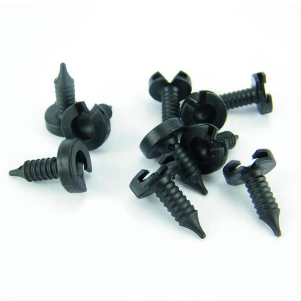 Product: Direct Replacement Interior Door Card Trim Fixing Stud X10 for Discovery 1, image showing a set of black plastic fixing studs with spiral shanks and clips.