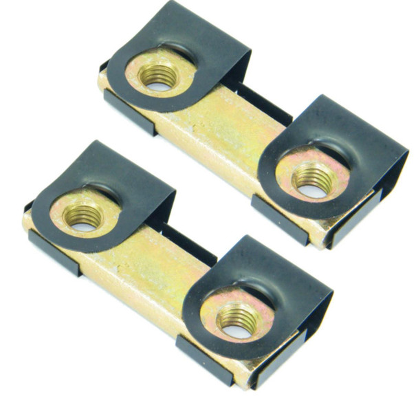 Direct Replacement Front Bumper Fixing Captive Nut Plate x2 for Defender, black and gold metal nut plates for vehicle bumper attachment.