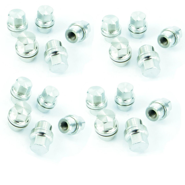 Direct Replacement Alloy Wheel Nut 27mm x20 for Defender & Discovery 1, set of alloy wheel nuts with a metallic finish, designed for vehicle wheel installation.