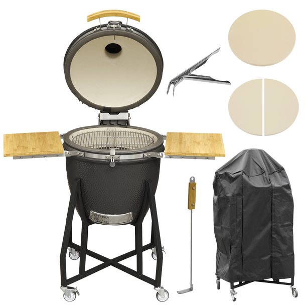Dellonda Deluxe 22"(56cm) Ceramic Kamado Style BBQ, Cover, Grid Gripper, Heat Deflector & Heat Deflector Support