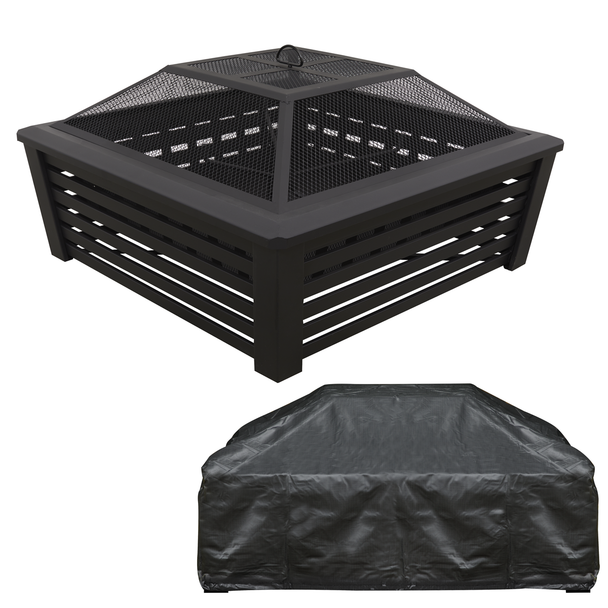 Dellonda 89cm Square Outdoor Fire Pit, Mesh Screen Lid, Black with Water-Resistant Drawstring Cover