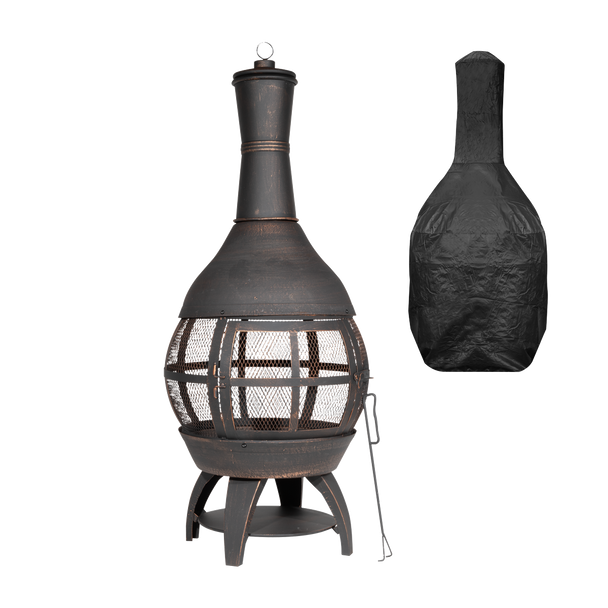 Dellonda Deluxe 360° Chiminea/Fire Pit/Outdoor Heater with Fire Poker & Water-Resistant Drawstring Cover - Antique Bronze Finish - DG241
