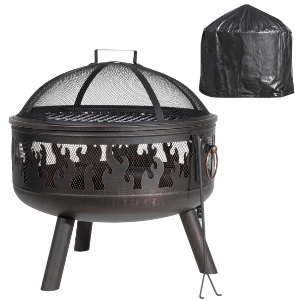 Dellonda Deluxe 24" Fire Pit, Fireplace, Outdoor Patio Heater, Decoration Rings, Supplied with Cooking Grill, Safety Screen, Poker & Cover