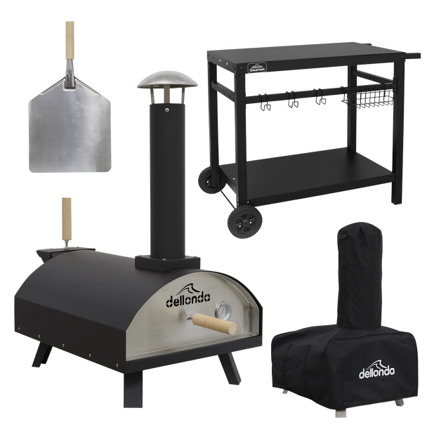 Dellonda Wood-Fired Pizza Oven, Pizza Peel, Cover & Plancha Trolley 14" - Black
