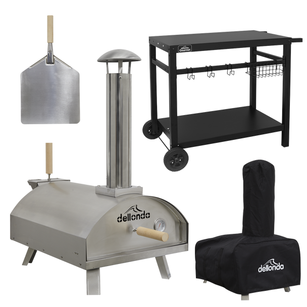 Dellonda Wood-Fired Pizza Oven, Pizza Peel, Cover & Plancha Trolley 14" - Stainless Steel