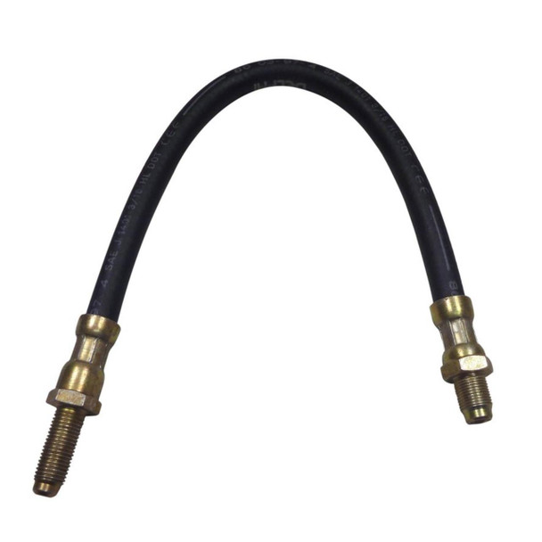 Direct Replacement Clutch Hydraulic Hose for Discovery 1 & Range Rover Classic 200/300 Tdi, black rubber hydraulic hose with brass fittings on both ends.