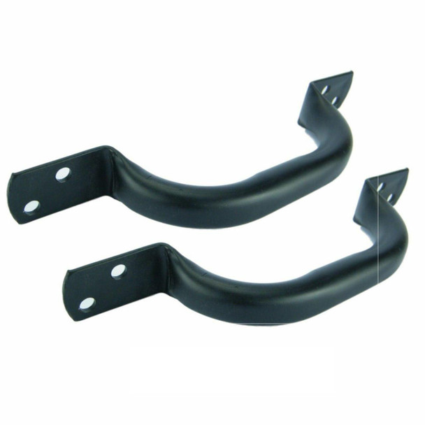 Direct Replacement Rear Crossmember Grab Handle x2 for Series & Defender, two black metal grab handles with mounting brackets for off-road vehicle safety and support.