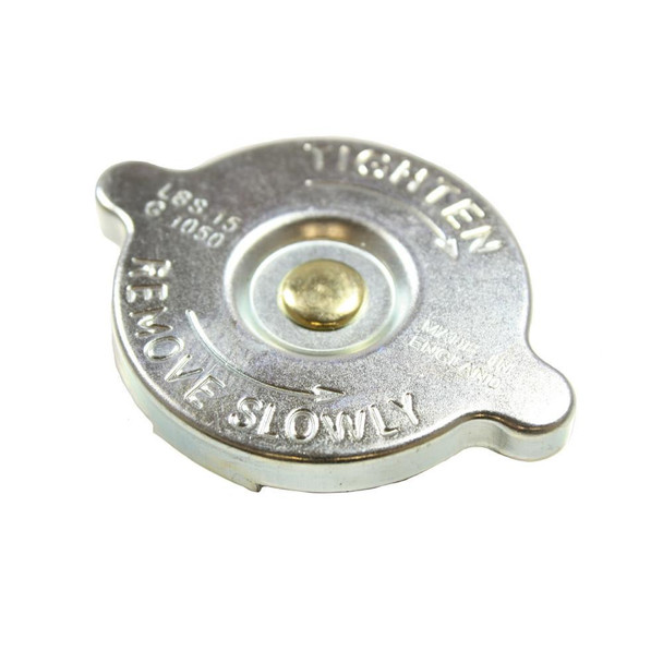 Direct Replacement Radiator Expansion Bottle Cap for Discovery 1 V8, metal radiator cap with stamped warnings and specifications.