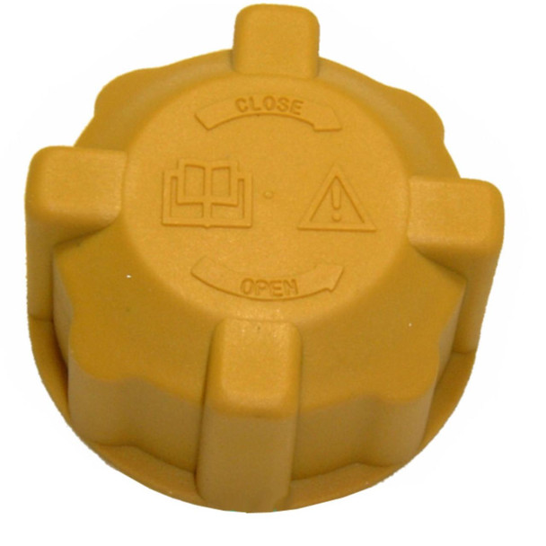 Direct Replacement Radiator Expansion Bottle Cap for Defender Td5 & Puma, yellow plastic radiator cap with 'CLOSE' and 'OPEN' directions and warning symbols.