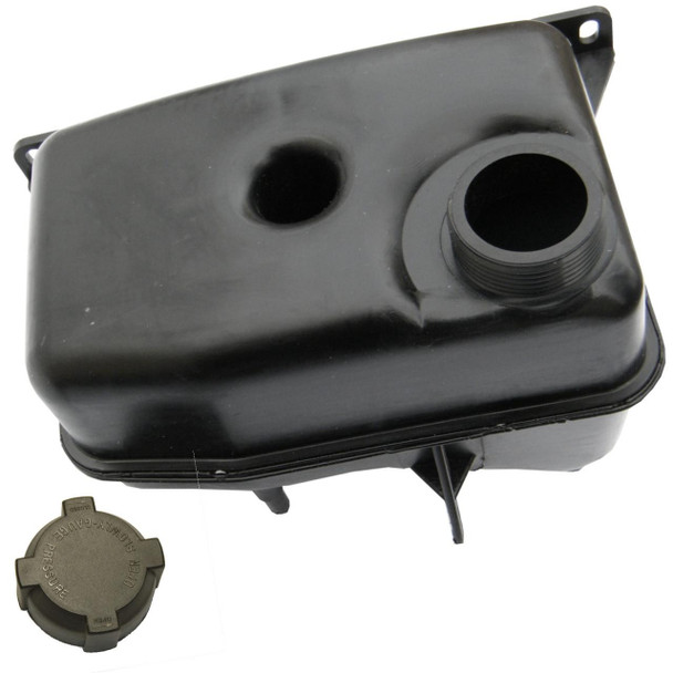 Product Name, Direct Replacement Coolant Expansion Header Tank & Cap for Defender Tdi, black plastic coolant expansion tank with cap and inlet/outlet ports.