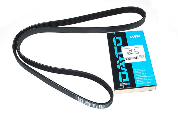 Dayco Alternator Belt +A/C DAYCO OEM for Freelander 1.8, black rubber serpentine belt on white background with product packaging.