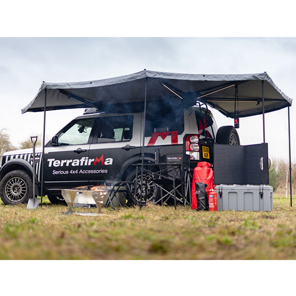 Terrafirma Terradactyl 2.0m 270 degree awning set up on vehicle with camping setup and full shelter coverage