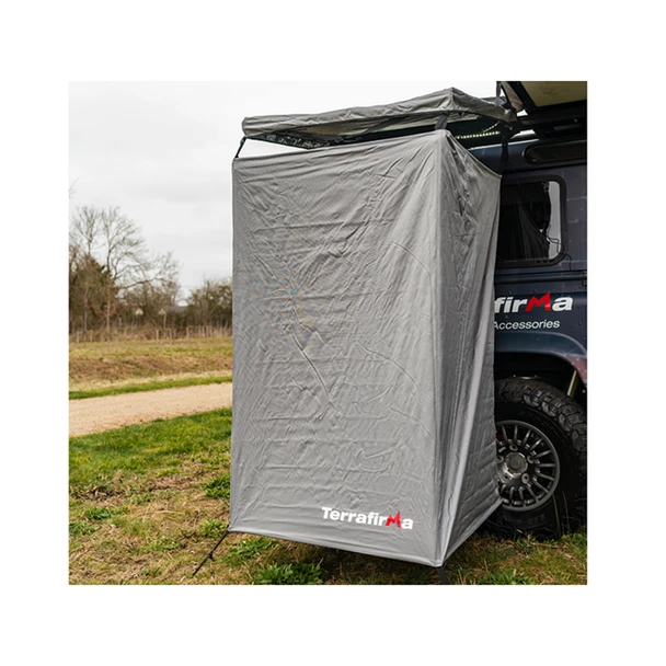 Terrafirma LED shower awning deployed beside 4x4 vehicle with full privacy enclosure
