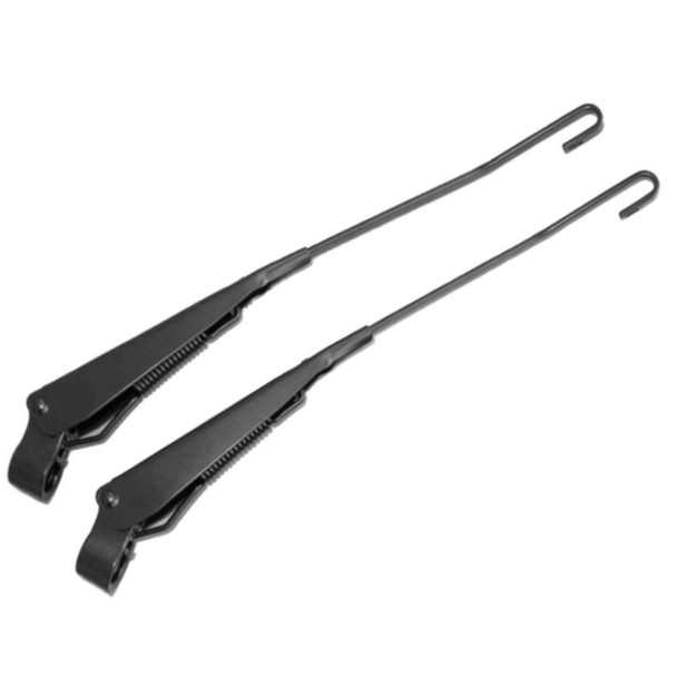 Direct Replacement Windscreen Wiper Arm x2 Up To 2001 for Defender, pair of black metal wiper arms with hook ends for vehicle windshield cleaning.