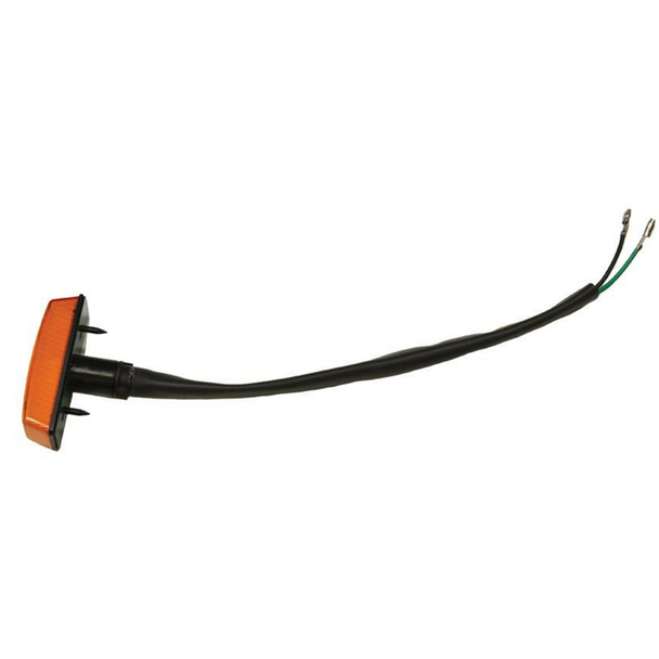 Product Direct Replacement Indicator Repeater Side Lamp - PRC7044 for Defender, with an orange lens and black wiring harness for vehicle lighting replacement.