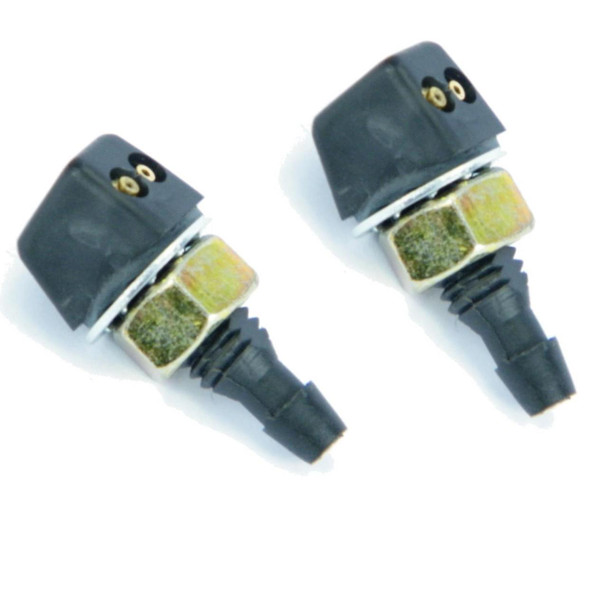 Direct Replacement Windscreen Washer Nozzle Jet x2 for Discovery 1, two black and metal spray jets for vehicle windshield washers.