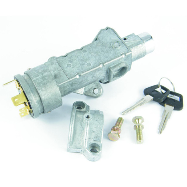 Direct Replacement Steering Ignition Lock Kit 2.5D & 2.5TD for Defender, image showing metal ignition lock cylinder with keys and mounting hardware.