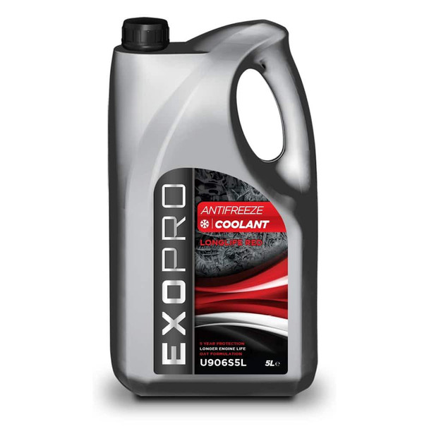 Exopro Red Long-life Antifreeze Coolant Concentrate 5L Litre, a 5-liter jug of engine coolant with red antifreeze designed for long-lasting engine protection.