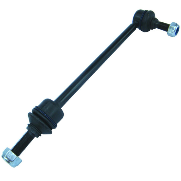 Direct Replacement Front Anti Roll Bar Link Rod for Discovery 2, black metal automotive suspension component with threaded ends and rubber bushings.