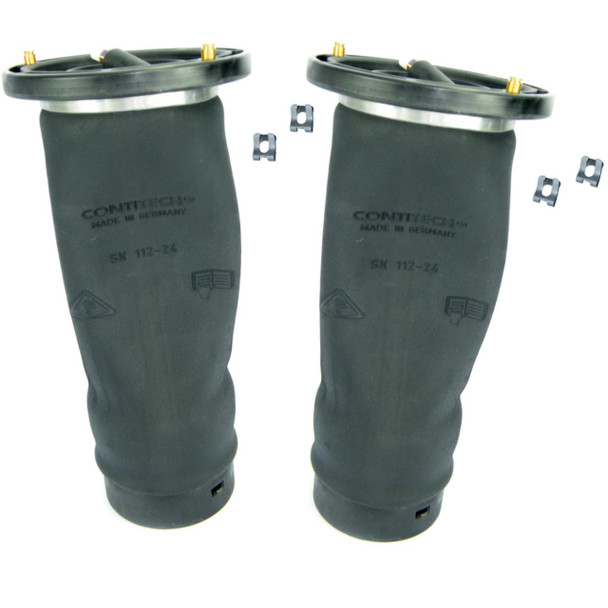 Contitech Rear Air Springs Suspension Airbags x 2 for Discovery 2, black rubber airbags with metal top mounts and small metal clips. Contitech Rear Air Springs Suspension Airbags x 2 for Discovery 2, black rubber airbags with metal top mounts and small metal clips.