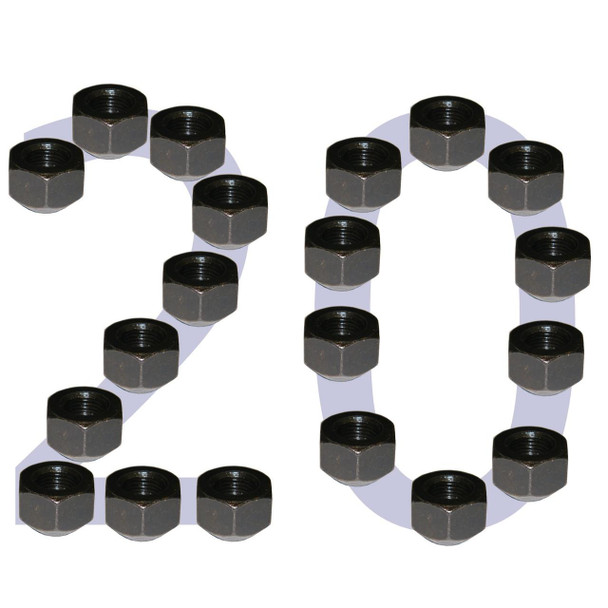 Direct Replacement Steel Wheel Nuts x20 for Defender & Discovery 1, set of 20 black steel wheel nuts arranged around the number 20.