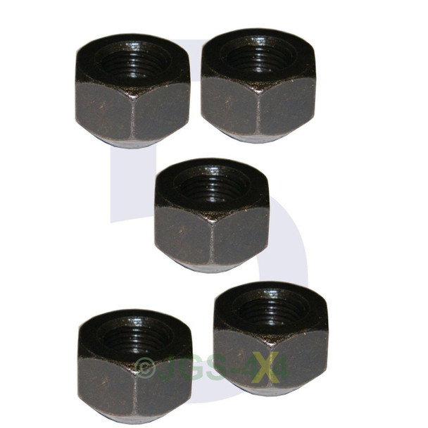 Direct Replacement Steel Wheel Nuts x5 for Defender & Discovery 1, image of five black steel wheel nuts with a hexagonal shape and internal threading for vehicle wheel attachment. Direct Replacement Steel Wheel Nuts x5 for Defender & Discovery 1, image of five black steel wheel nuts with a hexagonal shape and internal threading for vehicle wheel attachment.