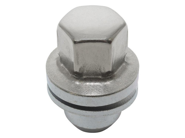 Direct Replacement Alloy Wheel Nut for Range Rover Sport L320, close-up of metallic wheel nut with a hexagonal head and black rubber gasket. Direct Replacement Alloy Wheel Nut for Range Rover Sport L320, close-up of metallic wheel nut with a hexagonal head and black rubber gasket.