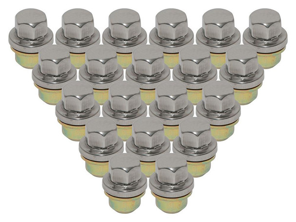 Direct Replacement RRD500560X Alloy Wheel Nut Set of 20 for Defender & Discovery 1, image of 20 silver alloy wheel nuts arranged in a triangle formation. Direct Replacement RRD500560X Alloy Wheel Nut Set of 20 for Defender & Discovery 1, image of 20 silver alloy wheel nuts arranged in a triangle formation.
