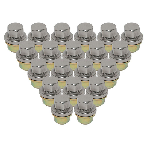 Direct Replacement RRD500560X Alloy Wheel Nut Set of 20 for Defender & Discovery 1, close-up of a metallic wheel nut with a hexagonal top and a shiny finish.