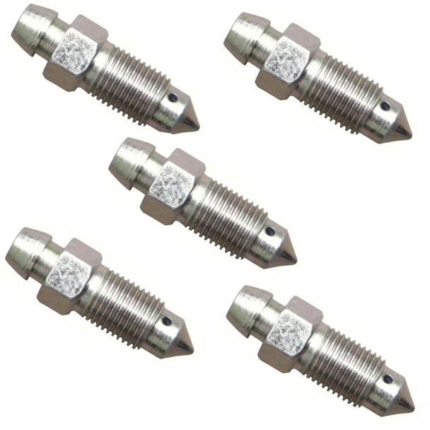 Direct Replacement Brake Caliper Bleed Screw Metric x5 for Defender & Discovery 1, five metal brake bleed screws with threaded bodies and pointed tips. Direct Replacement Brake Caliper Bleed Screw Metric x5 for Defender & Discovery 1, five metal brake bleed screws with threaded bodies and pointed tips.