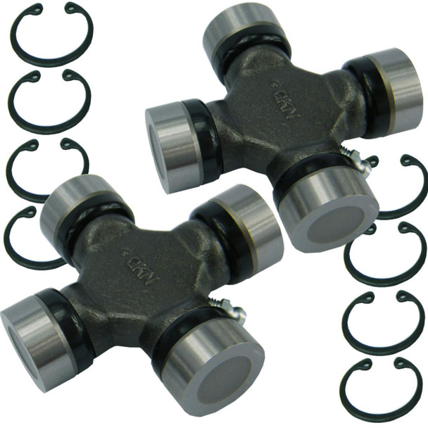 GKN Propshaft Universal Joints GKN UJ x2 (-1986) for Defender, image showing two universal joints with accompanying circlips for vehicle drive shaft.