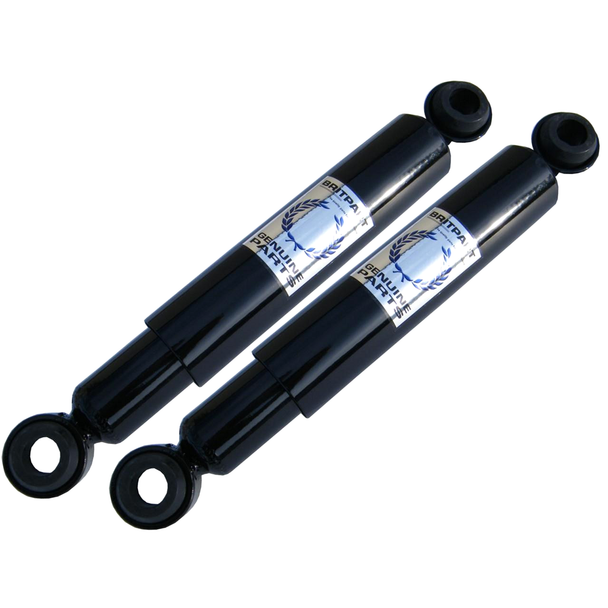 Product: Direct Replacement Rear Shock Absorber 88 SWB x2 for Series 2 & 3, image shows two black shock absorbers with blue and white labels, designed for vehicle suspension.