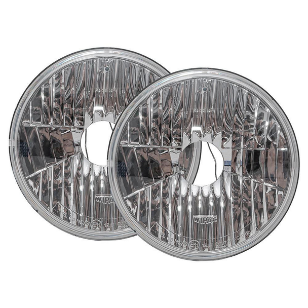 WIPAC 7 inch halogen crystal headlamps, right hand drive headlight for Defender, with clear lens and reflective inner surface.