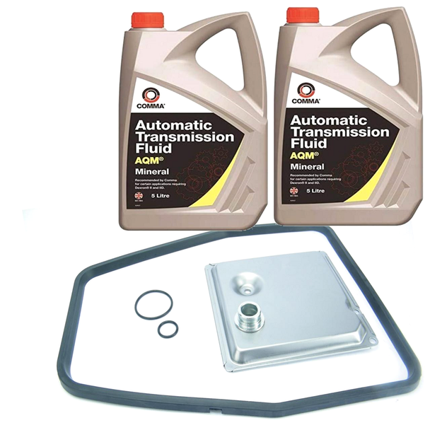 Direct Replacement Automatic Gearbox Filter Kit With ATF Fluid for Range Rover P38, image shows two bottles of automatic transmission fluid, a transmission filter, gaskets, and seal rings for vehicle maintenance.