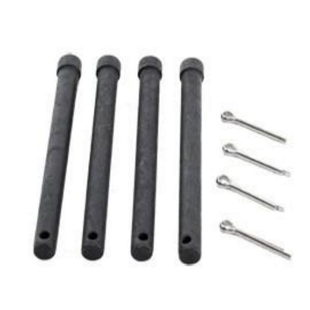 Direct Replacement Front Brake Pad Fitting Fit Kit Solid Discs for Defender, image of four black metal brake pad pins and four small metal cotter pins on a white background.