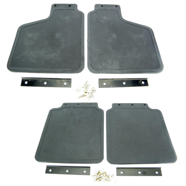 Direct Replacement Mud Flap Kit Front & Rear for Discovery 1, image showing four black rubber mud flaps with metal mounting brackets and screws.