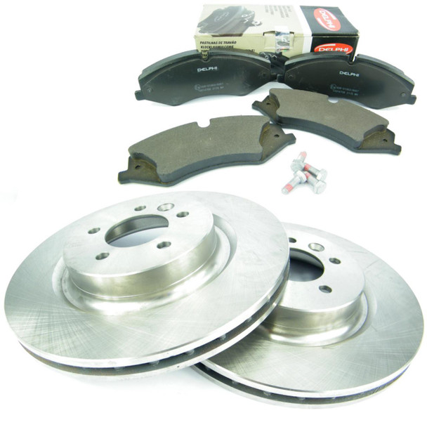 Direct Replacement Front Brake Disc & Pad Kit 3.0 TDV6 SDV6 for Discovery 4, including brake discs, brake pads, and mounting hardware.