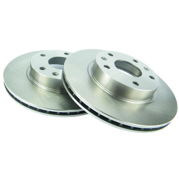 Direct Replacement Front Brake Disc Set Vented 2001- for Freelander 1 Td4, two silver vented brake discs with drilled holes and black anti-corrosion coating on the edges.