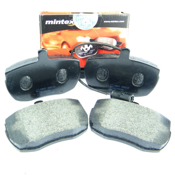 Mintex Front Brake Pad Set - SFP500220 for Discovery 1 & Range Rover Classic, including black brake pads with sensor wires and grey friction material front pads.