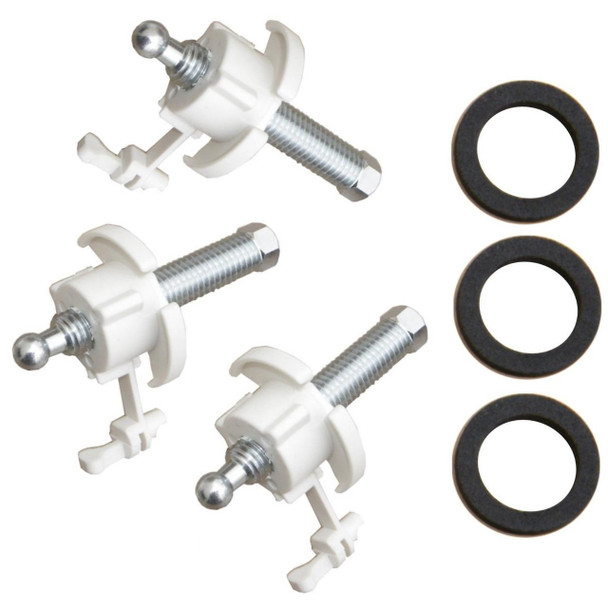 Direct Replacement Headlamp Adjuster Kit for Discovery, image showing three white adjustment mechanisms with metal bolts and three black rubber washers.